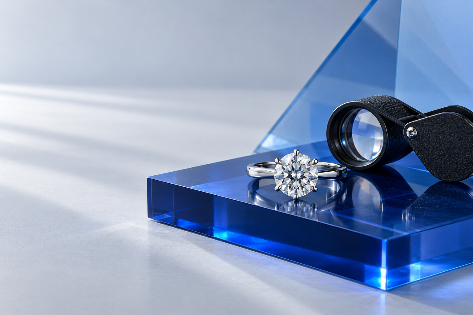 Example solitaire ring and jeweller’s loupe